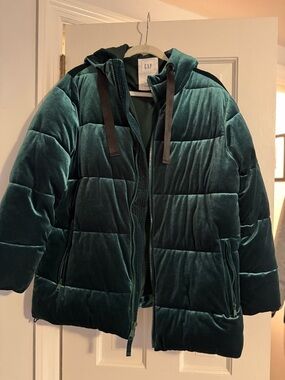 GAP Women's Deep Teal Velvet Puffer Jacket with Hood
